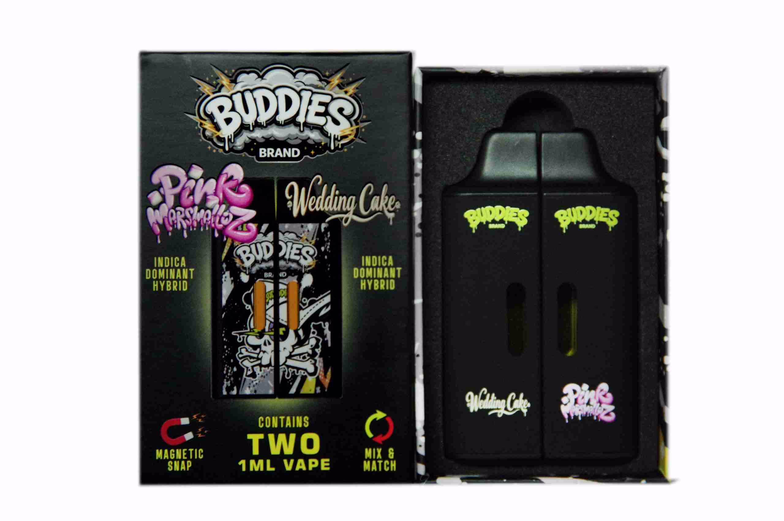 Two black Buddies Brand vape pens in a box, featuring Pink Marshmellowz and Wedding Cake strains for cannabis consumers in BC.
