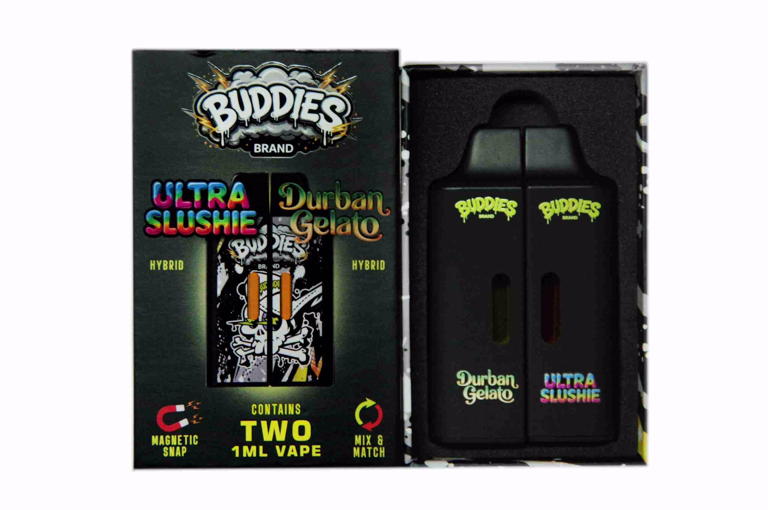 Two black Buddies Brand vape pens in a magnetic display box, featuring Ultra Slushie and Durban Gelato hybrid cannabis oil cartridges.
