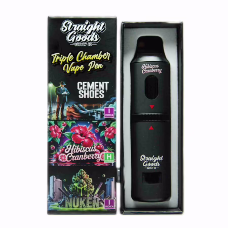 Straight Goods Triple Chamber Pen (9g) - Cement Shoes + Hibiscus Cranberry + Nuken in its black packaging box on a white background.