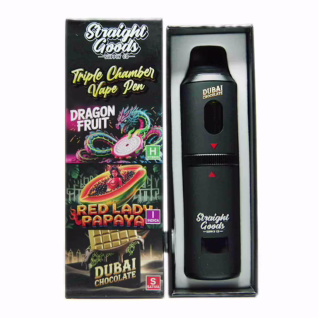 Straight Goods Triple Chamber Pen (9g) - Dragon Fruit + Red Lady Papaya + Dubai Chocolate vape device in its original black retail packaging.