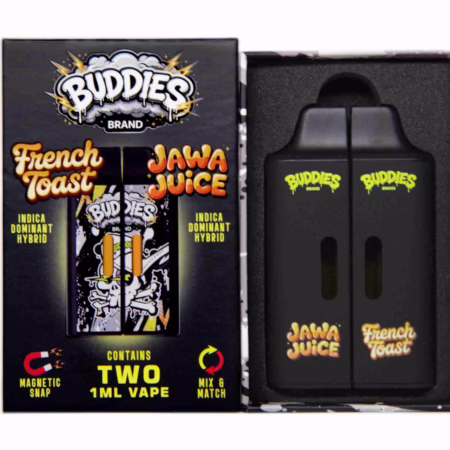 Buddies Brand (2 x 1 Gram) - French Toast + Jawa Juice vape kit featuring two black disposable vape pens in a branded display box.