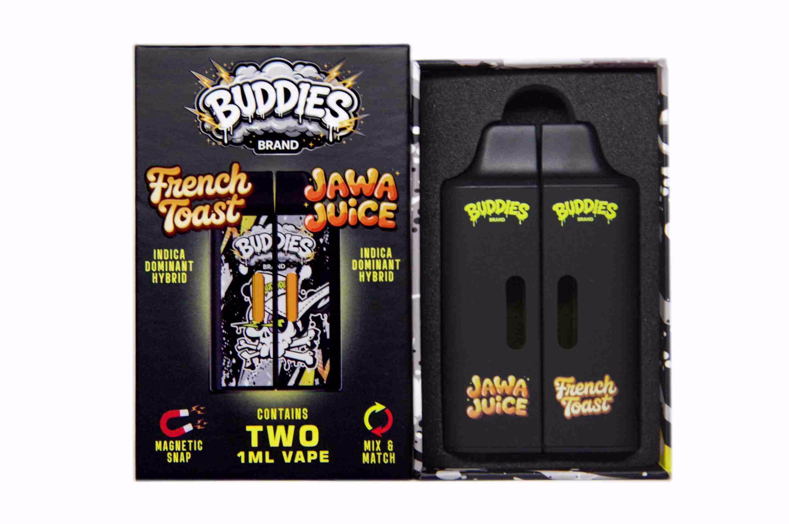 Buddies Brand (2 x 1 Gram) - French Toast + Jawa Juice vape kit featuring two black disposable vape pens in a branded display box.