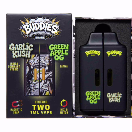 Buddies Brand (2 x 1 Gram) - Garlic Kush + Green Apple OG vape pens in a black display box with magnetic snap features on a white background.