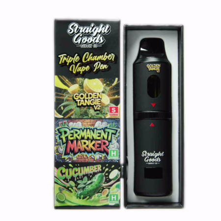 Straight Goods Triple Chamber Pen (9g) - Golden Tangie V2 + Permanent Marker + Cucumber vape device displayed next to its branded retail packaging.