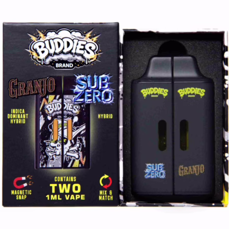 Buddies Brand (2 x 1 Gram) - Granjo + Sub Zero vape kit featuring two black magnetic vape pens in a branded display box on a white background.