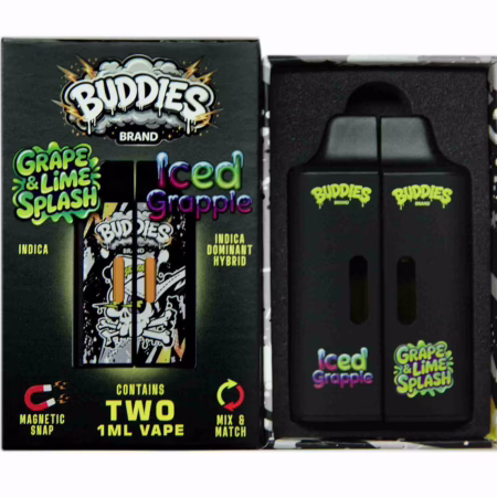 Buddies Brand (2 x 1 Gram) - Grape & Lime Splash + Iced Grapple vape set featuring two black disposable vape pens in a magnetic display box.