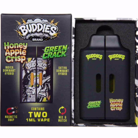 Buddies Brand (2 x 1 Gram) - Honey Apple Crisp + Green Crack vape kit featuring two black disposable vape pens in a branded display box.