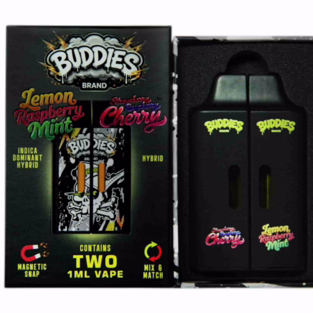 Buddies Brand (2 x 1 Gram) - Lemon Raspberry Mint + Strawberry Raspberry Cherry vape kit featuring two black disposable vape pens in a display box.