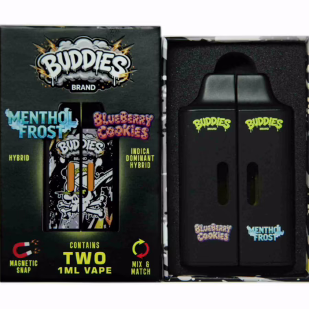 Buddies Brand (2 x 1 Gram) - Menthol Frost + Blueberry Cookies vape kit featuring two black 1ml vape cartridges in a branded display box.