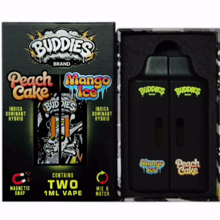 Buddies Brand (2 x 1 Gram) - Peach Cake + Mango Ice vape kit featuring two black disposable vape pens in a branded magnetic snap storage box.