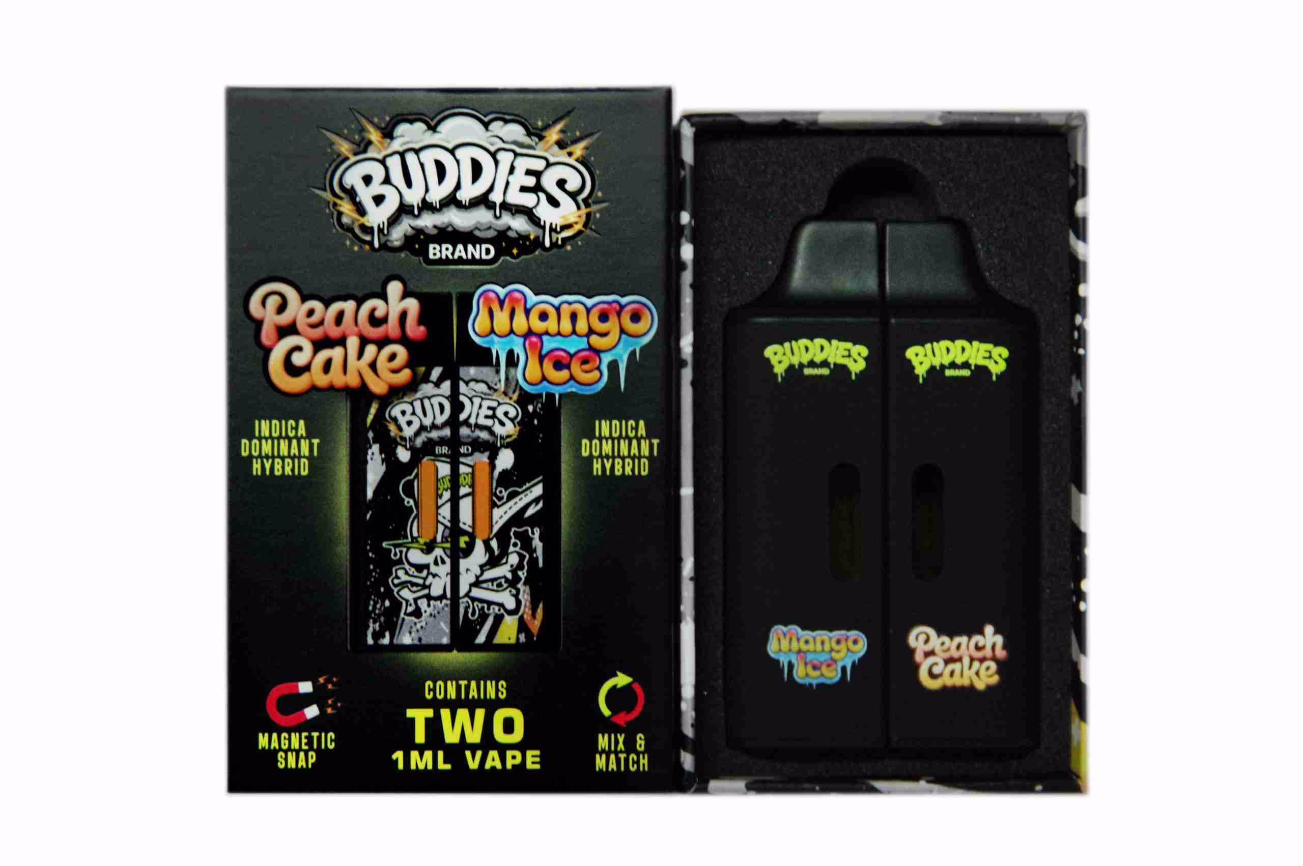 Buddies Brand (2 x 1 Gram) - Peach Cake + Mango Ice vape kit featuring two black disposable vape pens in a branded magnetic snap storage box.