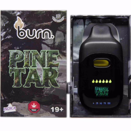 A black Burn Disposable Pen 3g - Pinetar vape device shown next to its branded packaging featuring a forest theme and indica labeling.