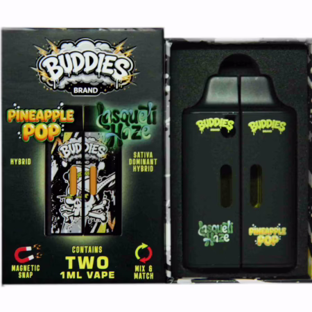 Buddies Brand (2 x 1 Gram) - Pineapple Pop + Lasqueti Haze vape kit featuring two black magnetic vape cartridges in a branded display box.