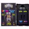 Buddies Brand (2 x 1 Gram) - Rainbow + Blue Gummy Shark vape kit featuring two black disposable vape pens in a branded display box.