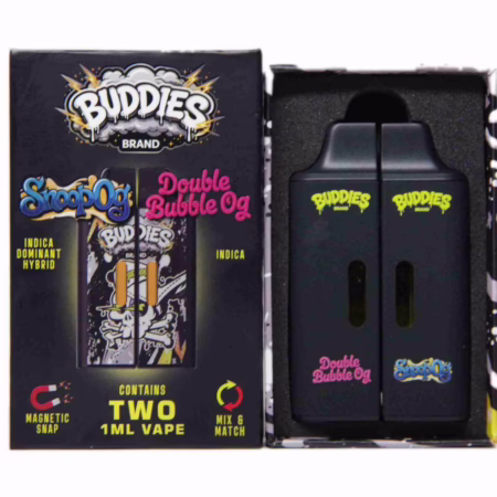 Two black Buddies Brand vape cartridges in a magnetic snap box, featuring Snoop OG and Double Bubble OG strains for cannabis consumers.