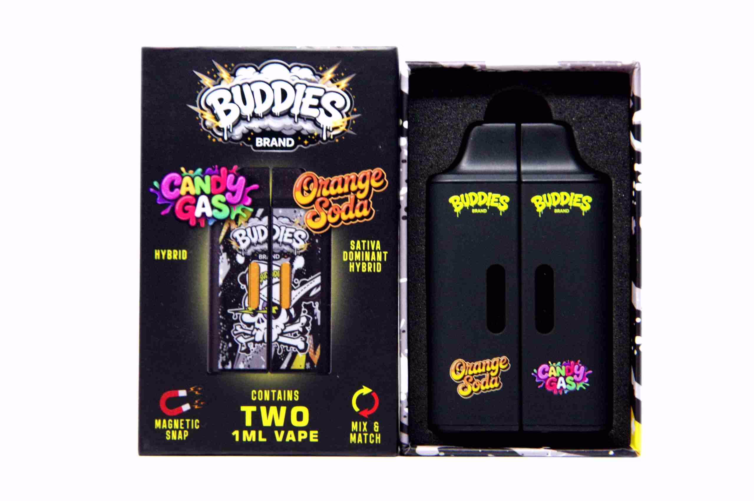 Buddies Brand (2 x 1 Gram) - Candy Gas + Orange Soda vape kit featuring two black 1ml vape pens in a magnetic display box on a white background.