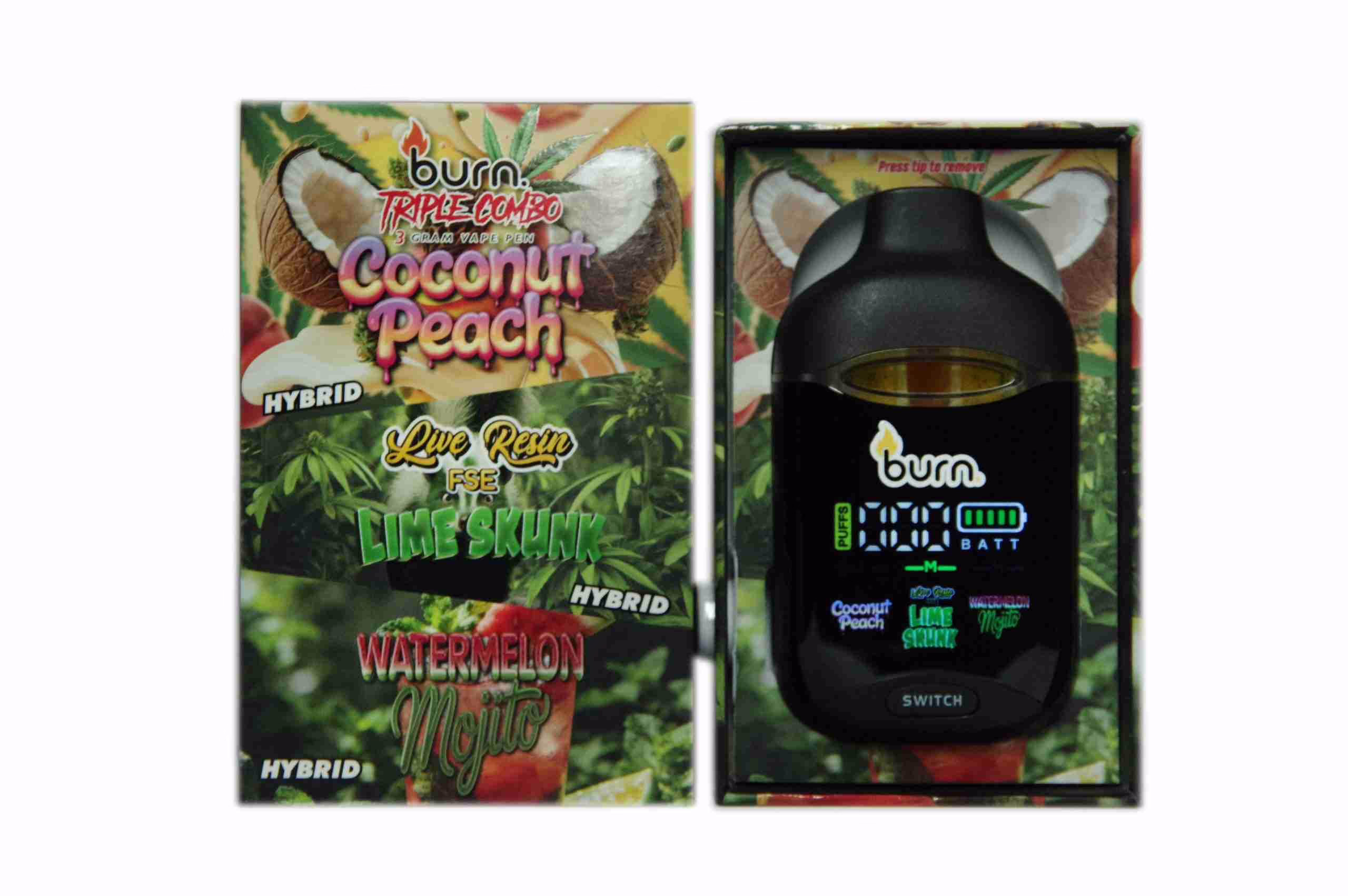 Burn Triple Combo (3 x 1 Gram) - Coconut Peach + Lime Skunk FSE + Watermelon Mojito vape pen in its branded retail packaging.