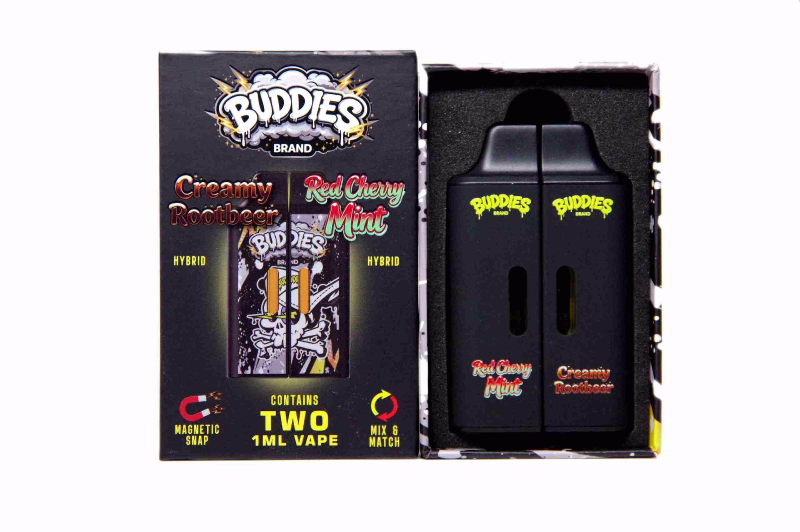 Buddies Brand (2 x 1 Gram) - Creamy Rootbeer + Red Cherry Mint vape kit featuring two black magnetic vape pens in a branded display box.