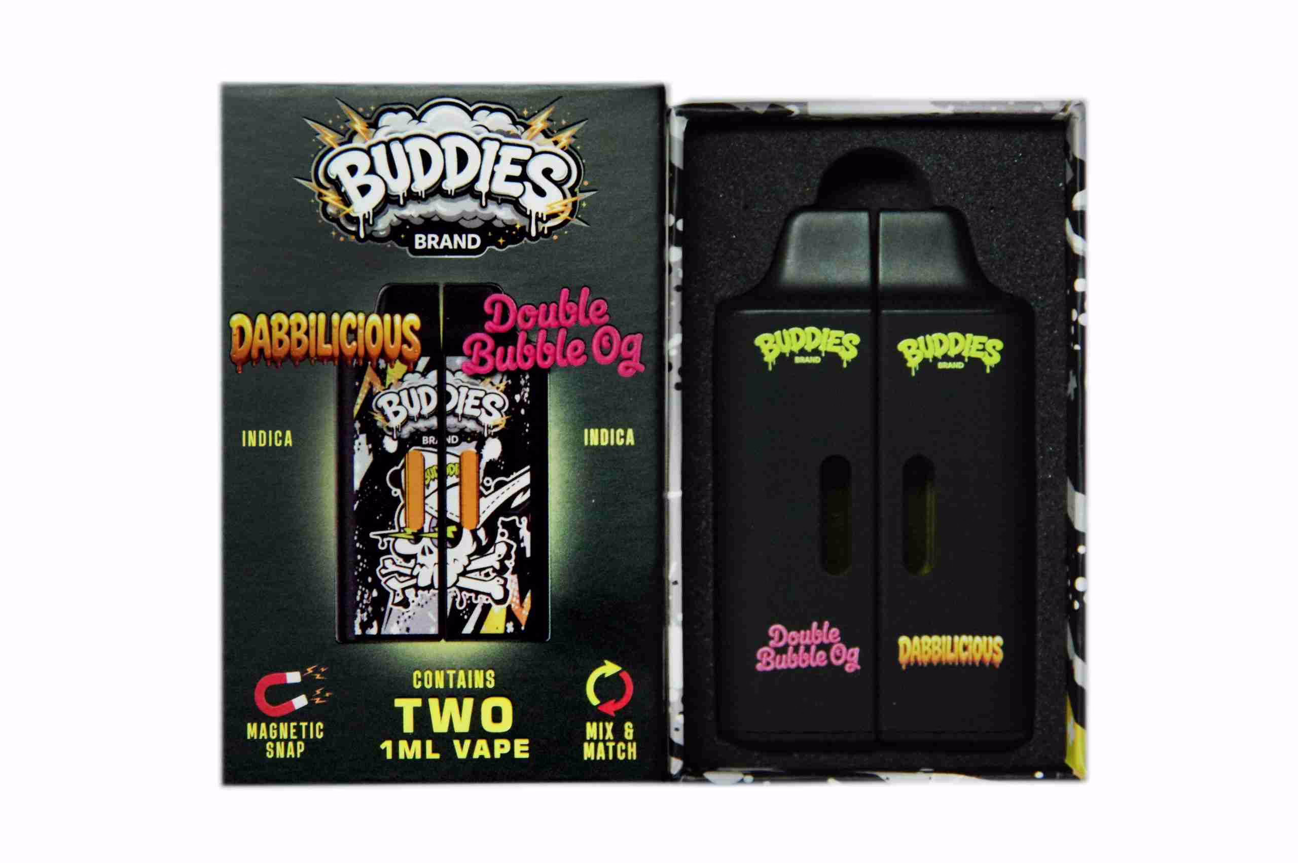 Buddies Brand (2 x 1 Gram) - Dabbalicious + Double Bubble OG vape set featuring two black magnetic vape cartridges in a branded display box.