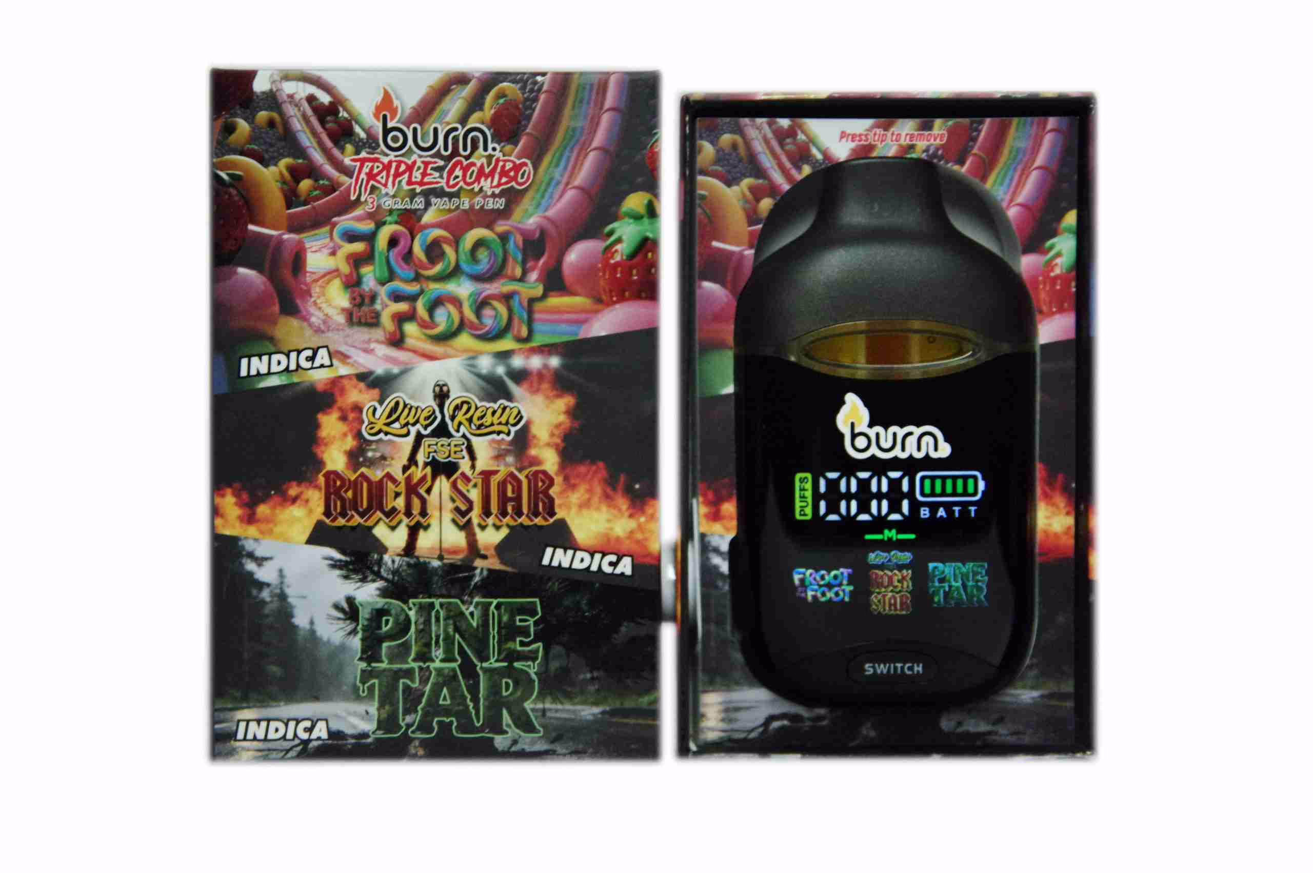 Burn Triple Combo (3 x 1 Gram) vape device featuring Froot By The Foot, Rockstar FSE, and Pine Tar flavors in its branded retail packaging.