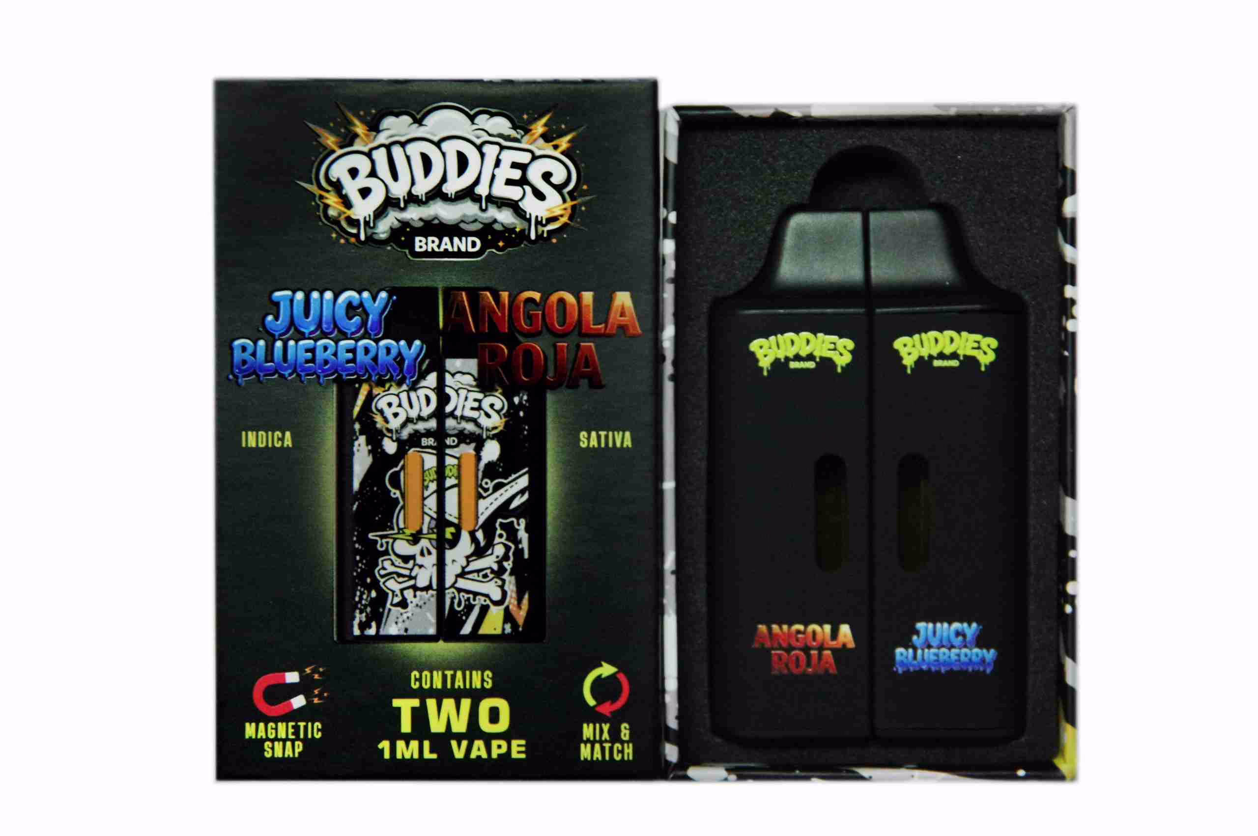 Buddies Brand (2 x 1 Gram) - Juicy Blueberry + Angola Roja vape kit featuring two black 1ml vape pens in a magnetic display box.