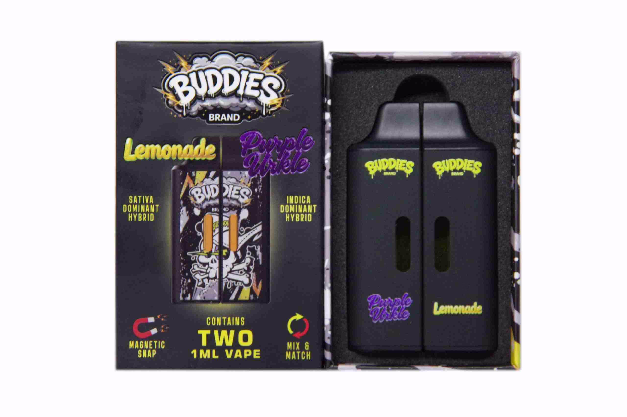 Buddies Brand vape kit featuring two 1ml vape cartridges in a magnetic snap box, showcasing Lemonade and Purple Urkle cannabis oil options.