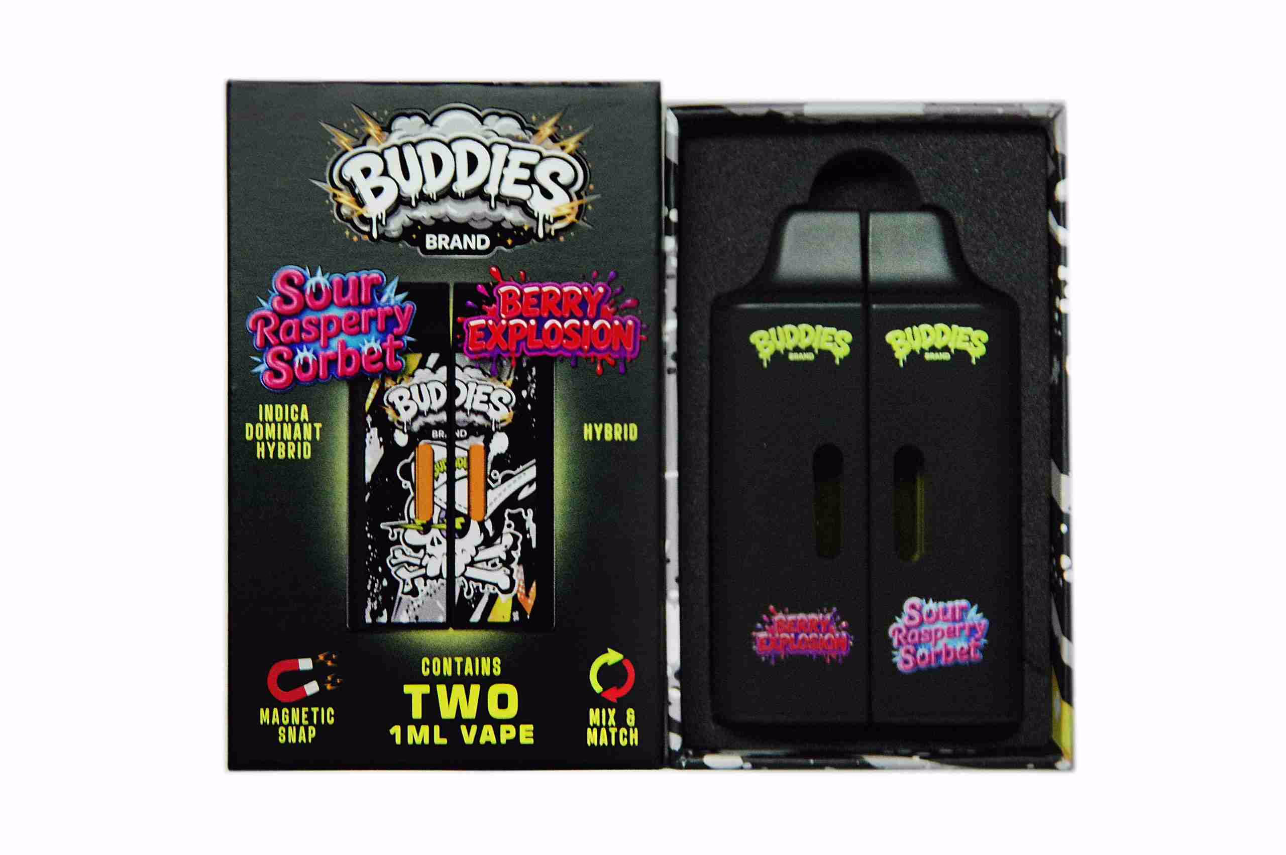 Buddies Brand vape kit featuring two 1ml vape pens in Sour Raspberry Sorbet and Berry Explosion flavors inside a black magnetic snap display box.