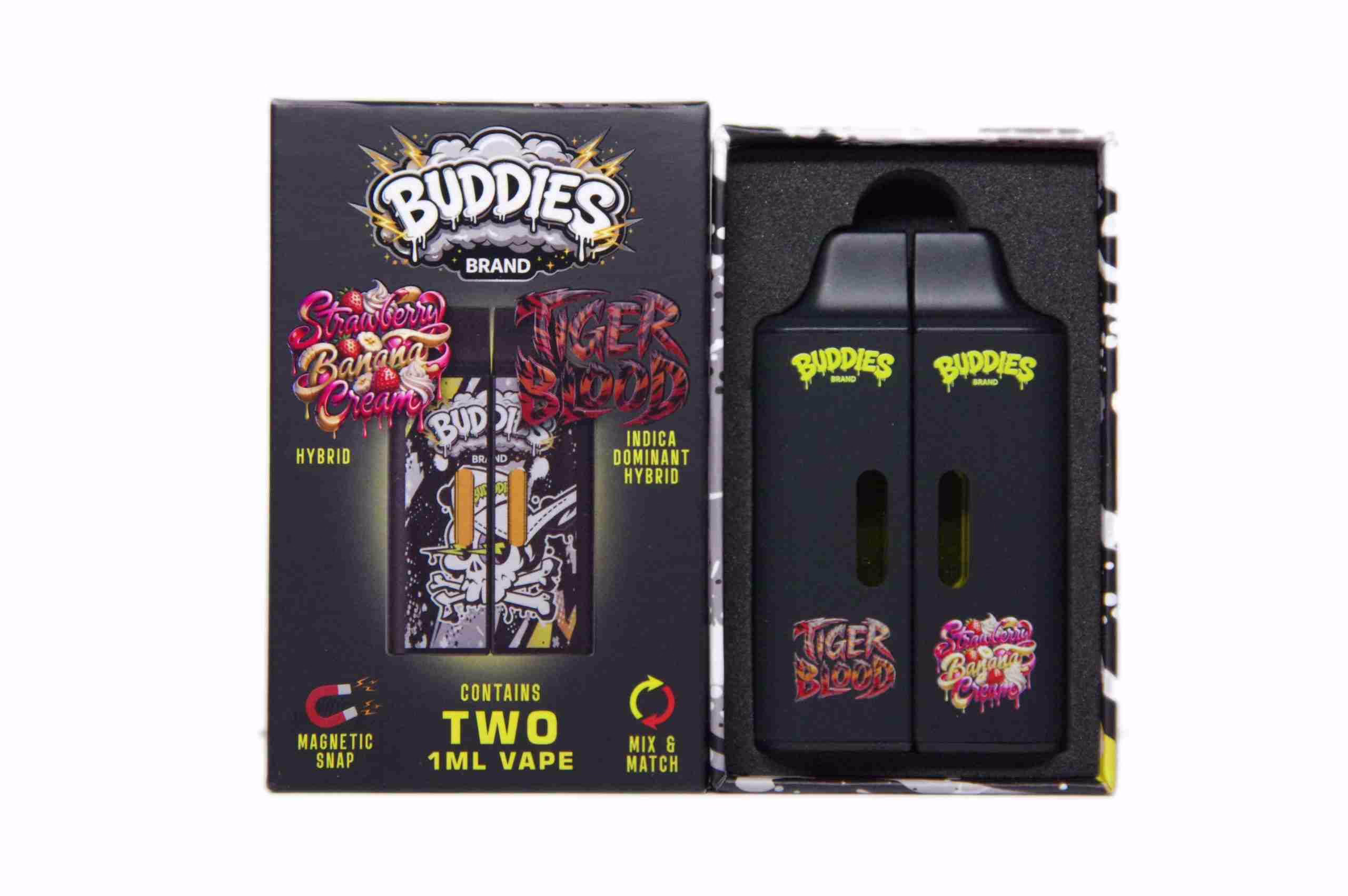 Buddies Brand vape kit featuring two 1ml cannabis vape cartridges in a black magnetic box, perfect for BC cannabis consumers. AUTO-DRAFT product view.